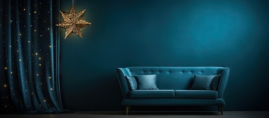 A blue couch and gold star in living room