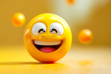 A yellow smiley face with a red tongue is surrounded by three orange spheres. The image conveys a lighthearted and cheerful mood, as the smiling face