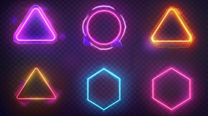 Neon geometric figures png on transparent background. Modern illustration with colorful squares, triangles, circles, and hexagons glowing in darkness with realistic LED backlight.