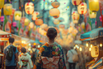 Photograph of a woman in a yukata, surrounded by Tanabata ornaments and nature elements.
Japanese woman, Tanabata festival, bamboo, tanzaku.