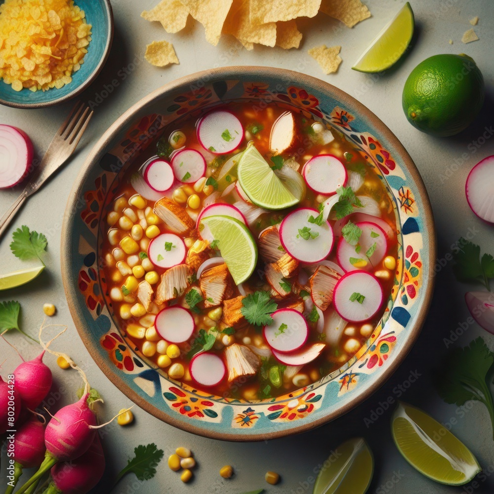 Wall mural Mexican pozole soup is a delicious and hearty soup made with hominy, pork or chicken, peppers, onions
