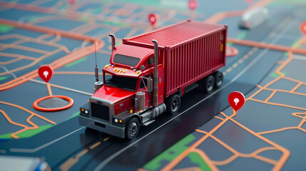 Overhead GPS Tracking of Container Truck on Road Map
