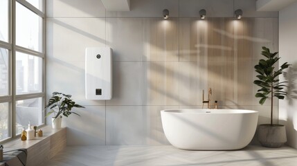 Modern external continuous flow gas water heater mounted on house wall