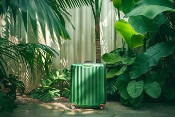 A green suitcase is sitting on a brick walkway next to a lush green plant