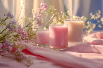 A table with three candles and flowers. The candles are pink and white