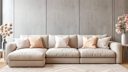 Cozy home interior with comfort light grey sofa, pillows, floor lamp. Natural color scheme