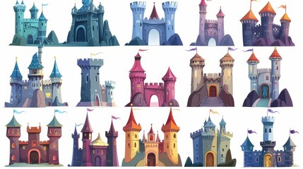 Illustration of medieval castles on a white background. Illustration of a fairytale palace with a stone fortress and high towers. Great design elements for games or books.