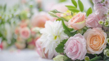 beautiful fresh spring flowers of delicate colors on a white table