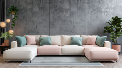 Home interior with gray sofa and colored pillows  in living room with empty wall.