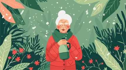 Ill mature woman with hot water bottle on green background