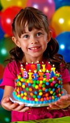 Young girl with birthday cake surrounded by balloons, perfect for text placement and celebrations