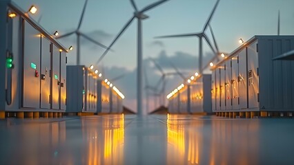 Background of wind turbines and solar panels with modern battery energy storage. Concept Sustainable Energy, Green Technology, Renewable Resources, Eco-Friendly Solutions, Alternative Power Sources