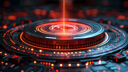 Futuristic Radiating Red Laser Beam Emanating from Intricate Circular Podium Showcase Cutting-Edge Technology