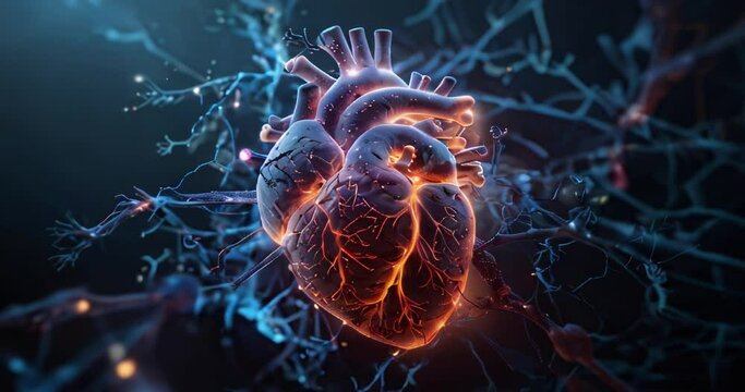 human heart with light grids symbolizing the complexity of cardiovascular health, nerve connections, impulses and nerve endings on a dark background