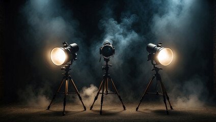  two spotlights on tripods in a dark room with a smoky atmosphere.

