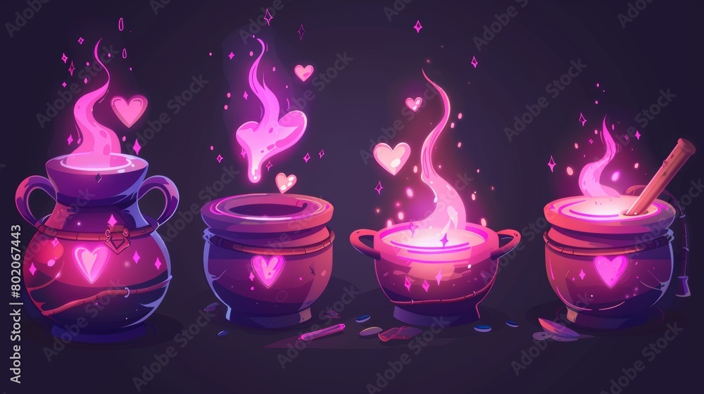 Aufkleber a cauldron with a love potion motion sequence animation. the cloud of pink magic elixir appears in a