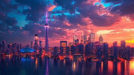 Toronto Canada vibrant cityscape with CN Tower at sunset