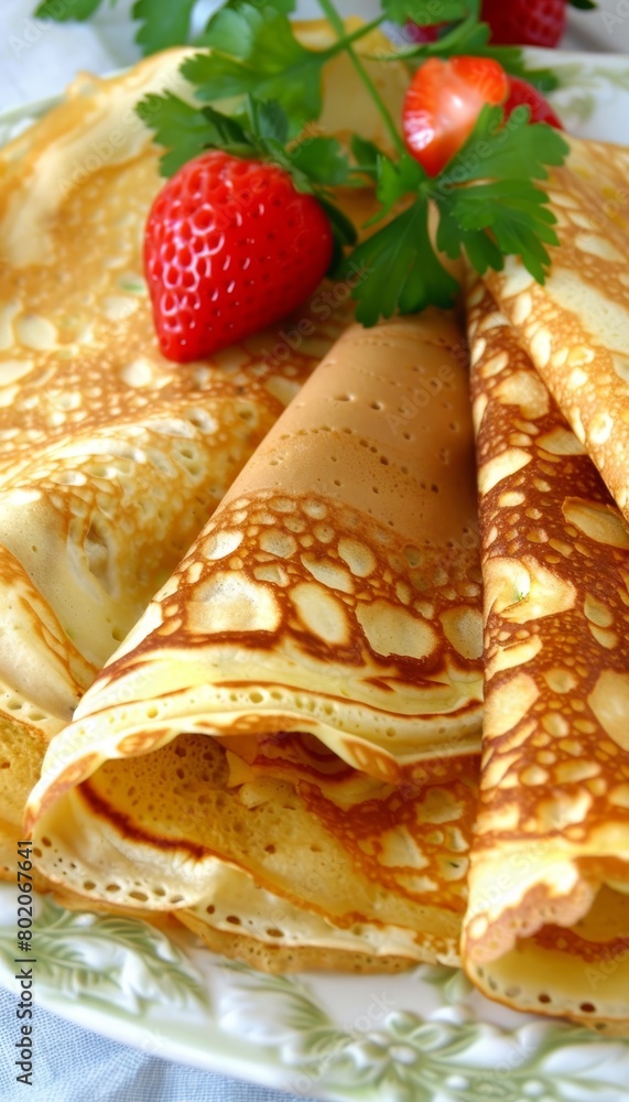 Poster rolled pancakes on light or gray backdrop, top view with ample space for text placement