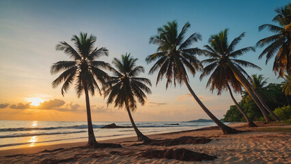 Obraz premium Scenic Tropical Beach and Sea with Coconut Palm Tree at Sunset - Holiday Vacation Concept,Sunset Glow, Coconut Palm, and Serene Sea - Perfect Vacation Getaway. ai generated