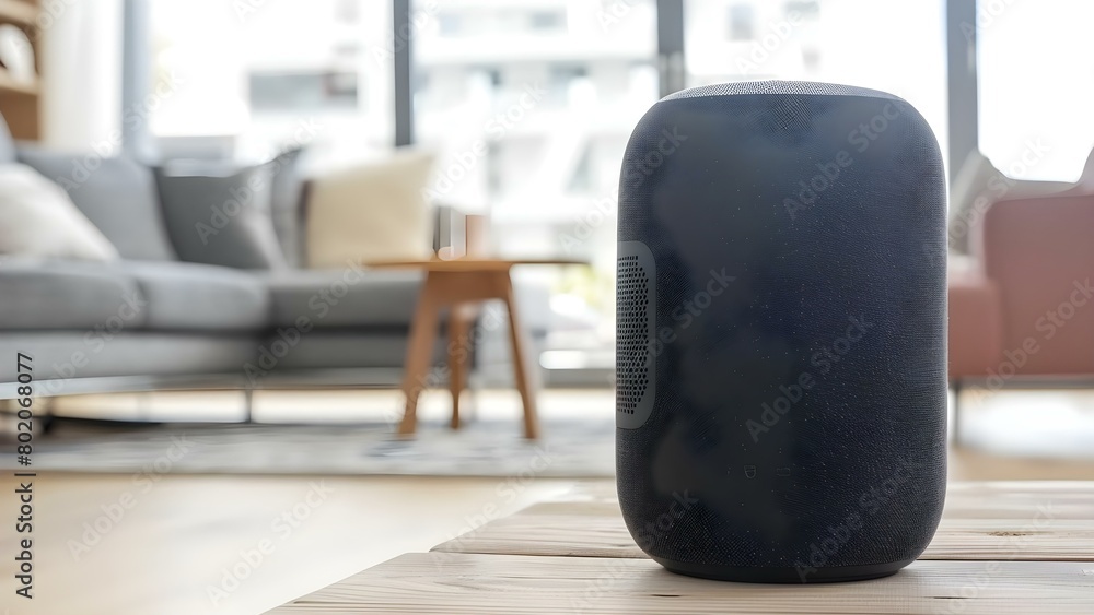 Aufkleber smart speaker in living room responding to voice commands in smart home . concept voice command inte