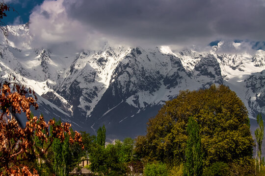 Mountain with snow and blossom skardu pakistan