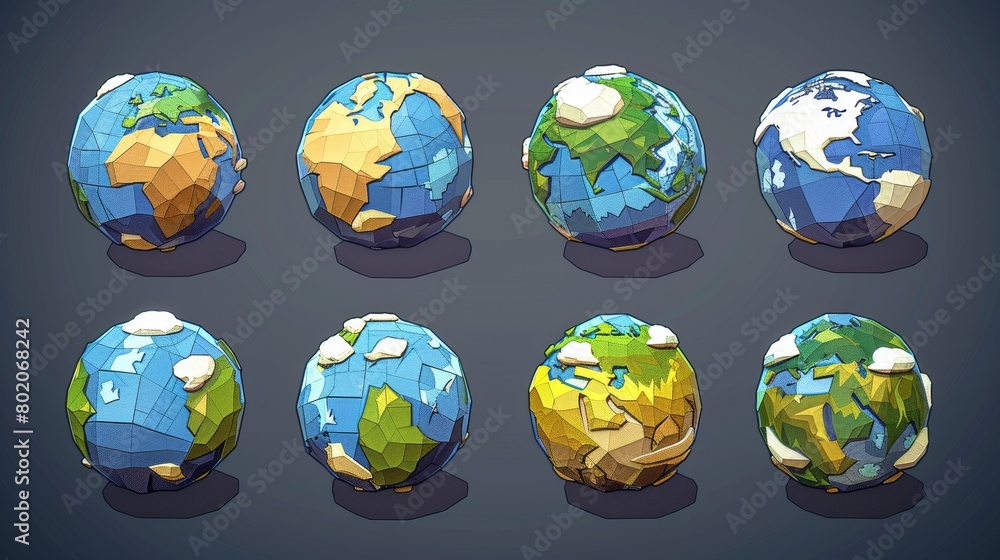 Poster planet earth cartoon 3d turnaround animation sprite sheet. isolated globe model with oceans, lands, 
