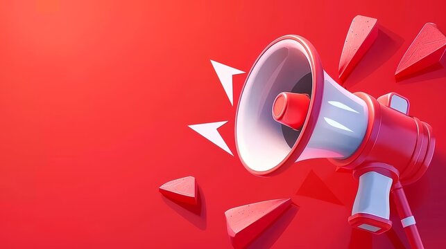 Megaphone, loudspeaker on red background. Sign with exclamation mark and copy space. 3D modern illustration.