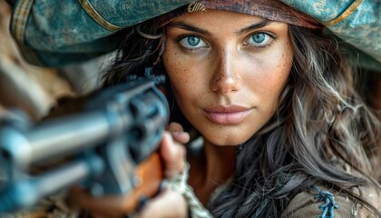 Brunette corsair with guns dressed in pirate outfit 