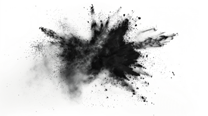 Black chalk pieces and dust flying, effect explode isolated on white