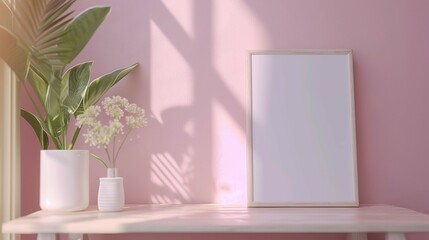 Frame mockup, simple and modern home interior background, wall poster frame mockup, 3D render