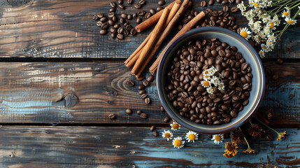Bowl of coffee beans cinnamon sticks and dried flowers