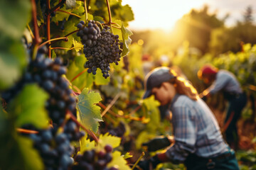Farm Workers Harvesting grape in the Field. Workers picking fresh ripe fruit.