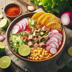 Mexican pozole soup is a delicious and hearty soup made with hominy, pork or chicken, peppers, onions
