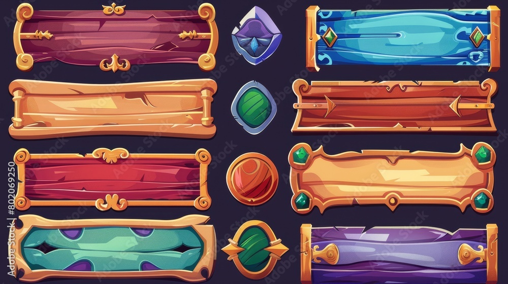 Poster a set of medieval game menu frames, user interface elements, buttons and plaques. decorative banners