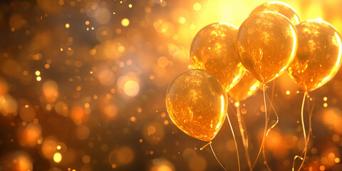 Goldene Luftballons und Kugeln zu Weihnachten Jubiläum und Geburtstag im schönen Gold Bokeh dekoriert Querformat für Banner 