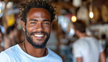 Obraz premium Cheerful male volunteers smiling on camera