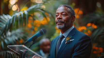 A man in a suit is standing in front of a microphone, giving a speech. He is wearing a tie and a boutonniere. Concept of formality and professionalism