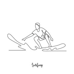 One continuous line drawing of Surfing sports vector illustration. Surfing sports design in simple linear continuous style vector concept. Sports themes design for your asset design illustration.