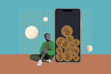 Composite photo collage of happy american girl watch iphone device blockchain bitcoin earn money income isolated on painted background