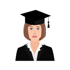 Portrait of a woman in a graduate gown isolated on white background. Vector illustration.