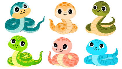 Cute Cartoon Snakes Collection. Happy funny serpent with spots on skin. Colored flat vector illustration isolated on white background