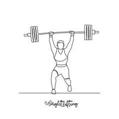 One continuous line drawing of Weight lifting sports vector illustration. Weight lifting sports design in simple linear continuous style vector concept. Sports themes design for your asset design.