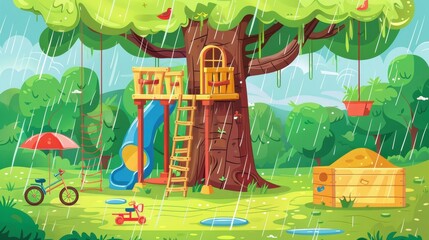 Playground for children in rainy weather. Cartoon modern illustration of a tree house with a wooden ladder, toys, a tricycle and a sandbox in a park. An outdoor play area for children.