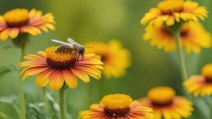 bee (apis mellifera) on helenium flowers - close up