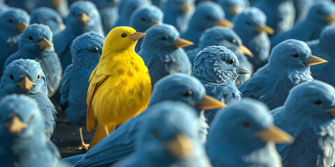 A Sole Yellow Bird Among a Sea of Blue Represents Individualism and Uniqueness and the courage to be different in a conformist society, 