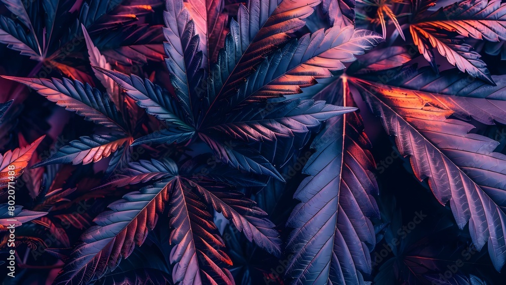 Poster dark background with glossy metallic neon elements and repeated marijuana leaf patterns . concept da