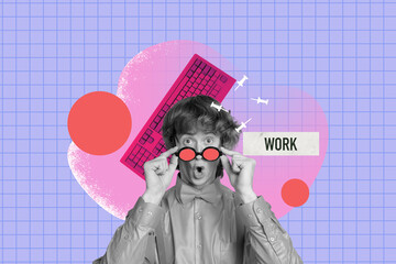 Composite photo collage of astonished guy nerd hold glasses shock keyboard office equipment...