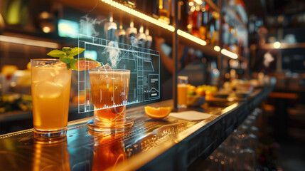 Futuristic bar setting with cocktails presented on an interactive digital display, highlighting advanced mixology and technology integration.
