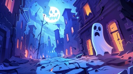 An abandoned city with ghostly spooks. Cartoon Halloween characters floating along the streets under the full moon. Funny creatures, spooks, modern illustration.