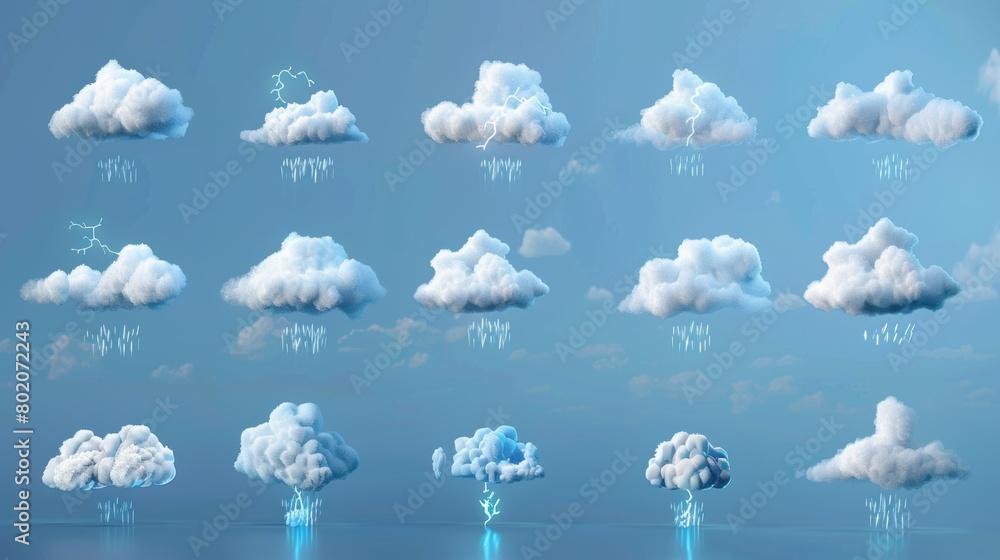 Poster the set of weather icons features various clouds with lightning, snow or rain, and wind or fog forec